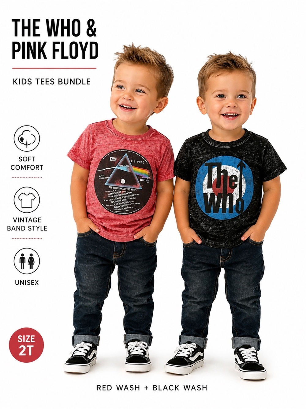The Who and Pink Floyd Kids TEES Bundle SIZE 2T black wash and red wash unisex